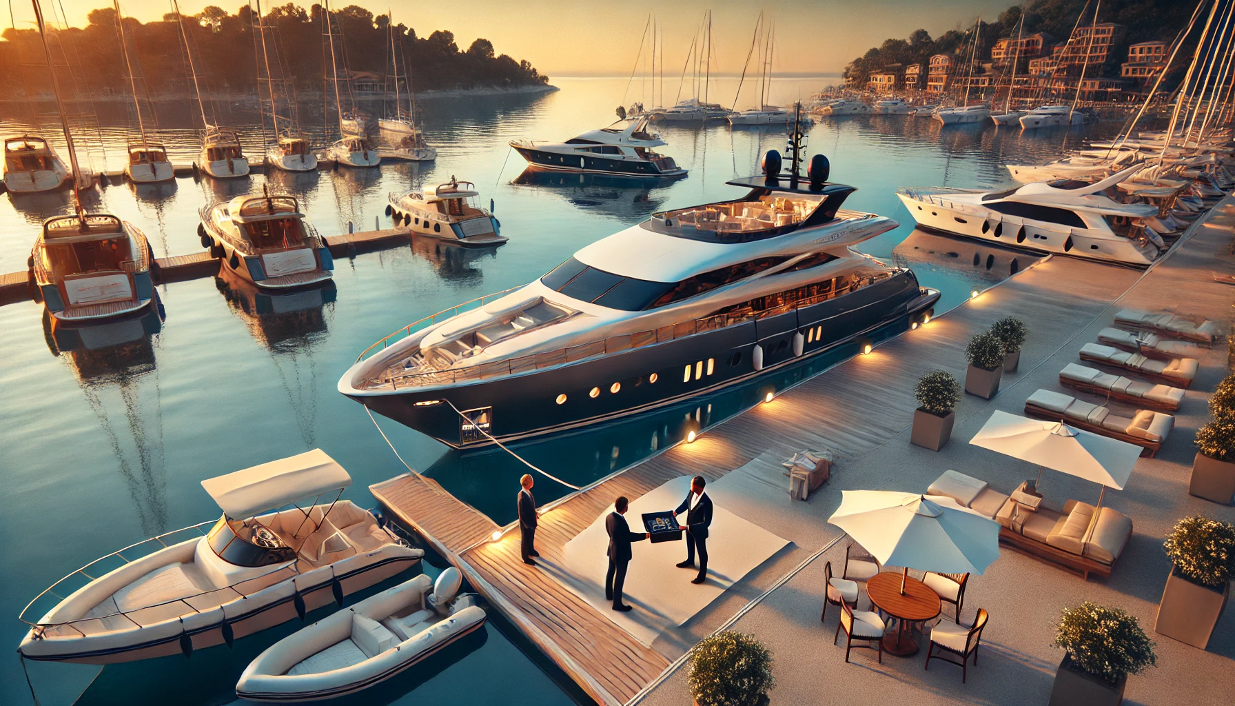 A luxurious yacht docked at a serene marina, surrounded by smaller, family-operated charter boats. The yacht is being personally attended to by a smal